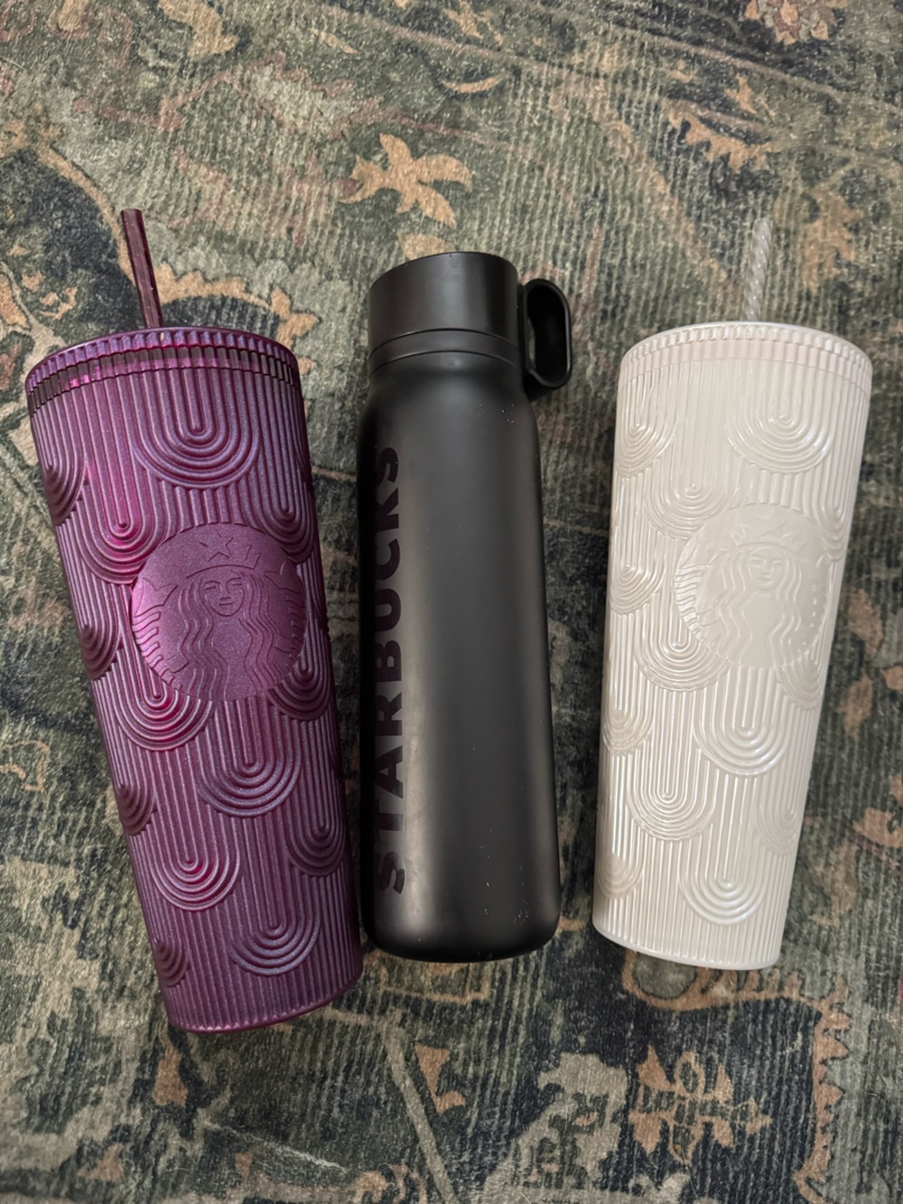 Starbucks Matte Black Water Bottle,  Purple and White Textured Tumblers